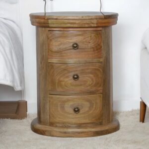Solid Mango Wood Oak Finished 3 Drawer Drum Chest of Drawers