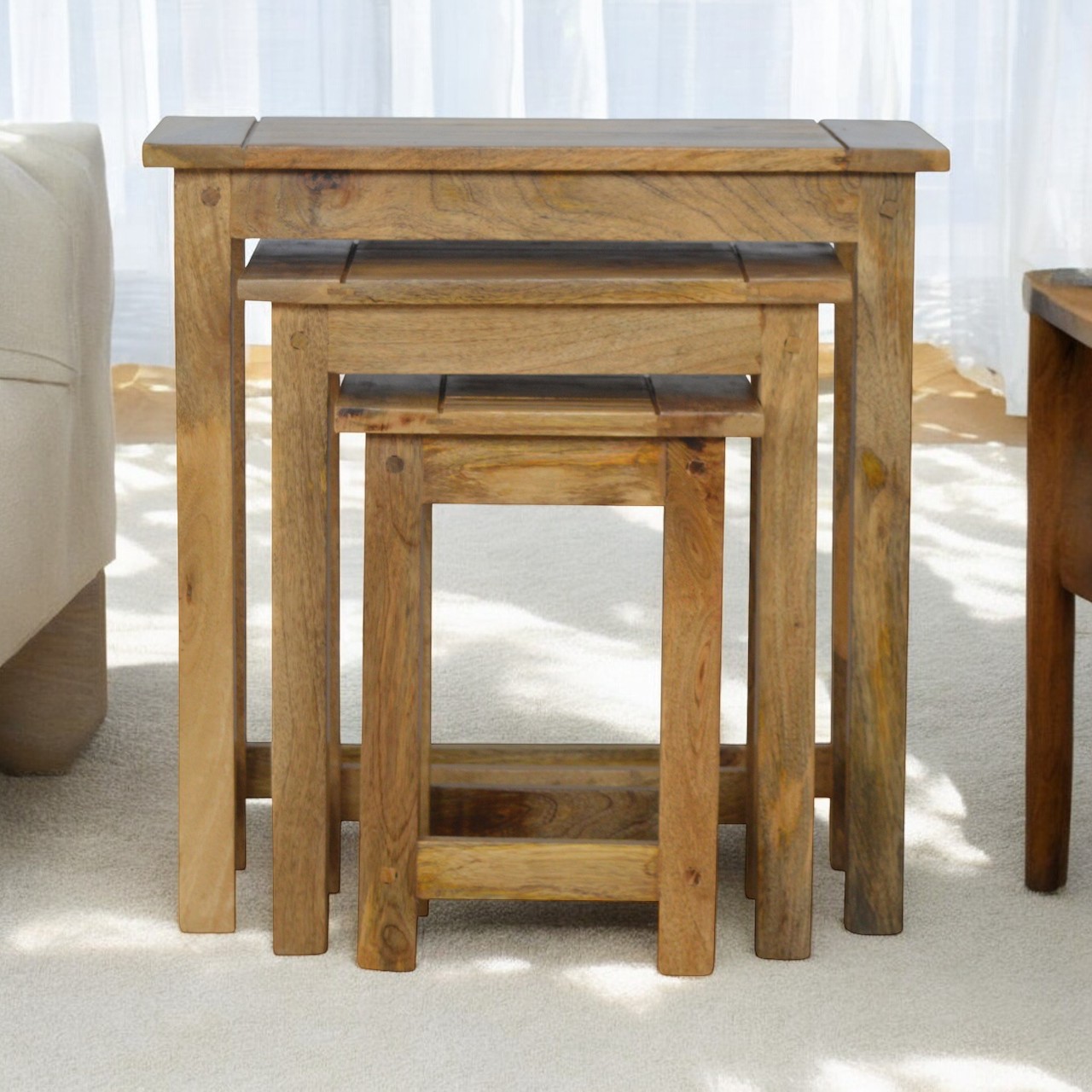 Solid Mango Wood Oak Finished Nest of Three Tables