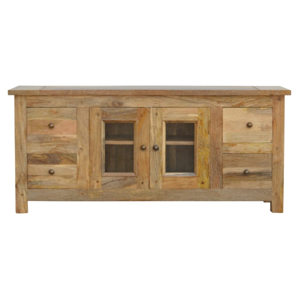 Solid Mango Wood Oak Finished 4 Drawer 2 Door Granary Glazed TV Unit