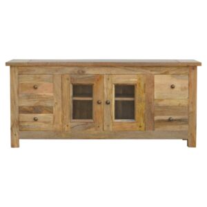Solid Mango Wood Oak Finished 4 Drawer 2 Door Granary Glazed TV Unit