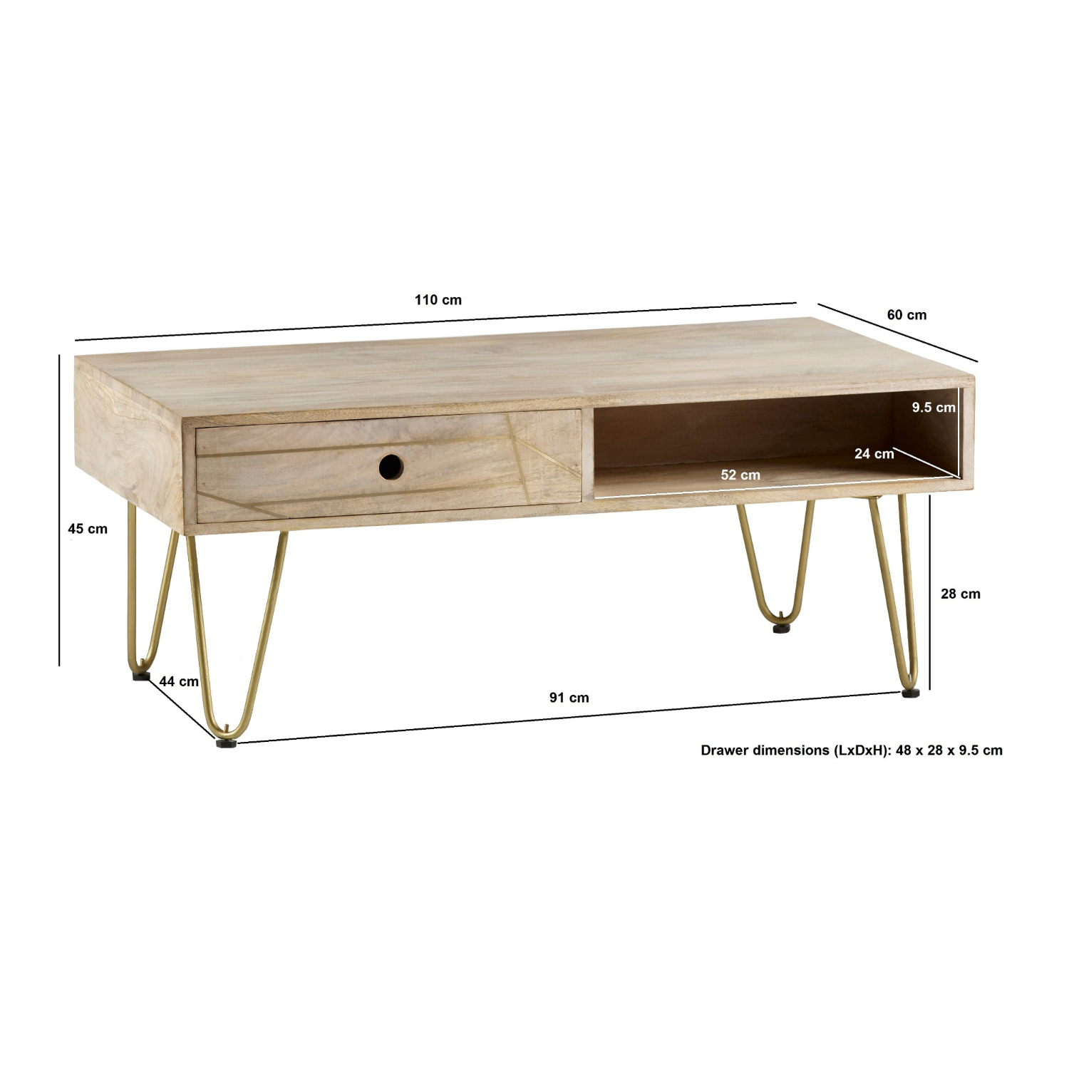 Light Gold Rectangular Coffee Table with Drawer - Image 4