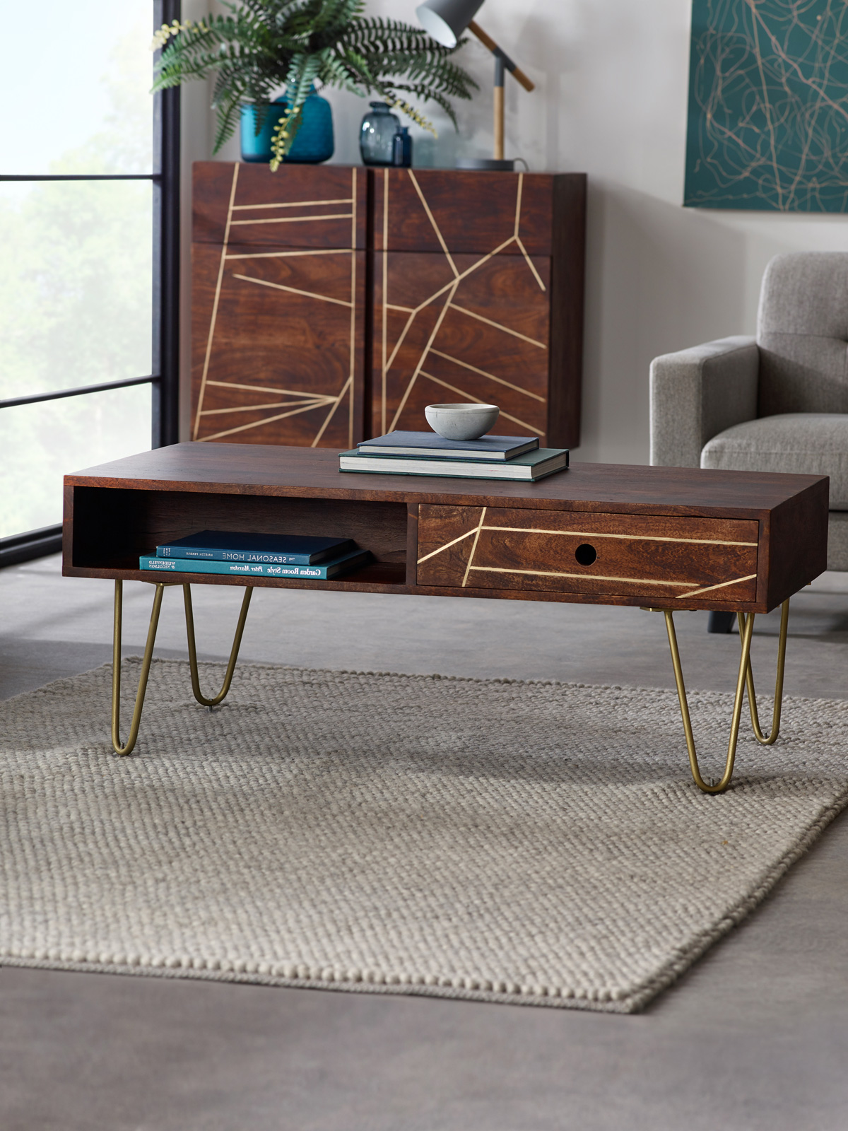 Dark Gold Rectangular Coffee Table with Drawer - Image 9