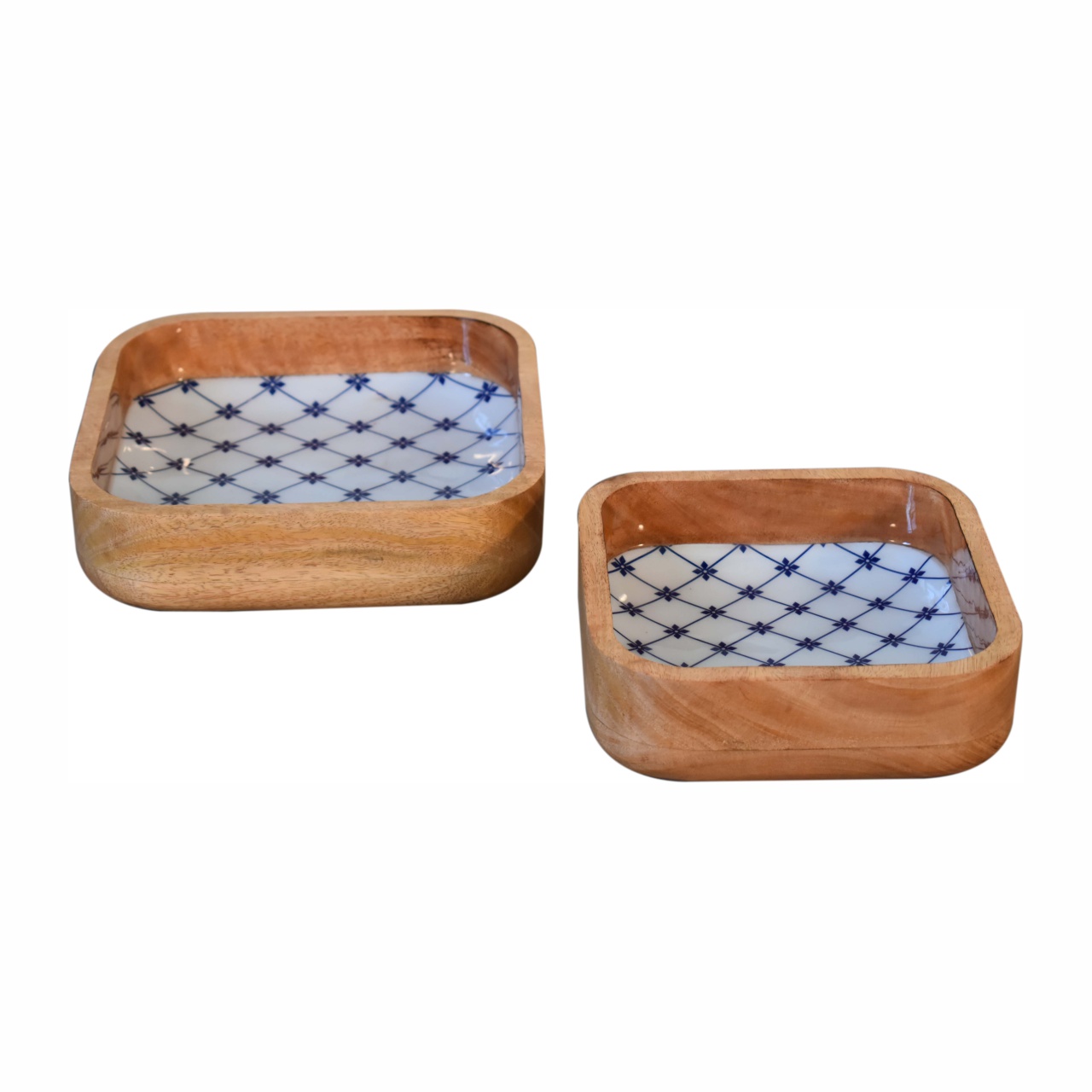 Solid Mango Wood Oak Finished Set of 2 Blue and White Square Bowls - Image 2