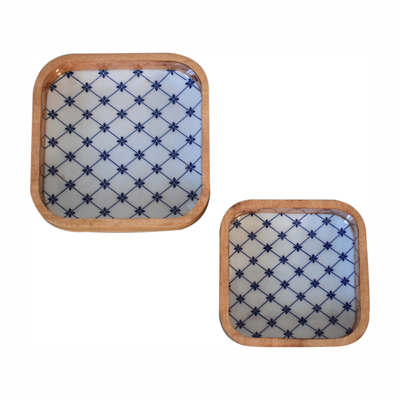 Solid Mango Wood Oak Finished Set of 2 Blue and White Square Bowls - Image 3