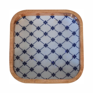 Solid Mango Wood Oak Finished Set of 2 Blue and White Square Bowls - Image 6