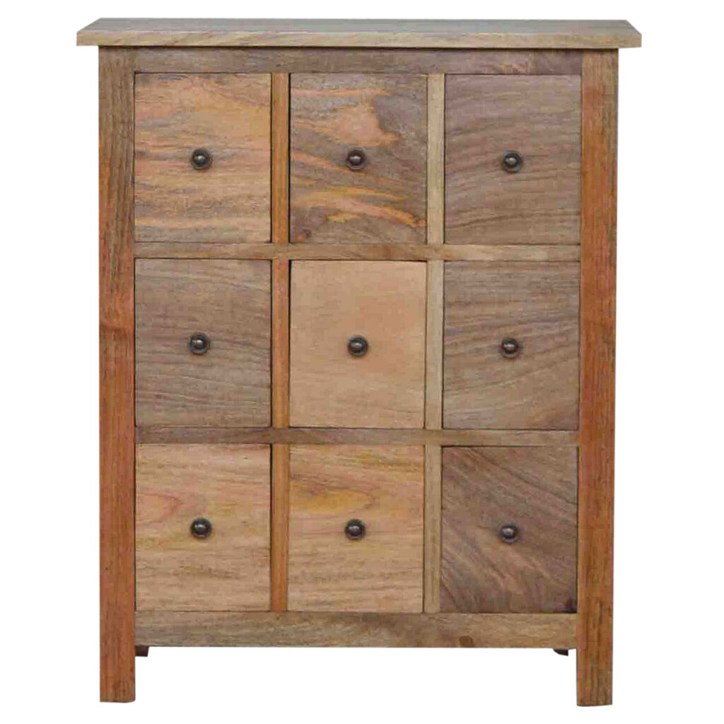 Solid Mango Wood Oak Finished 9 Drawer Mini Cabinet