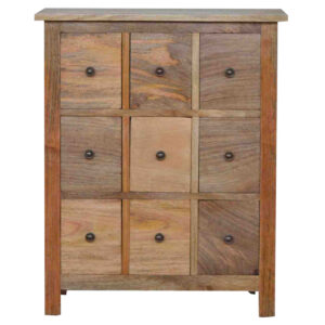 Solid Mango Wood Oak Finished 9 Drawer Mini Cabinet