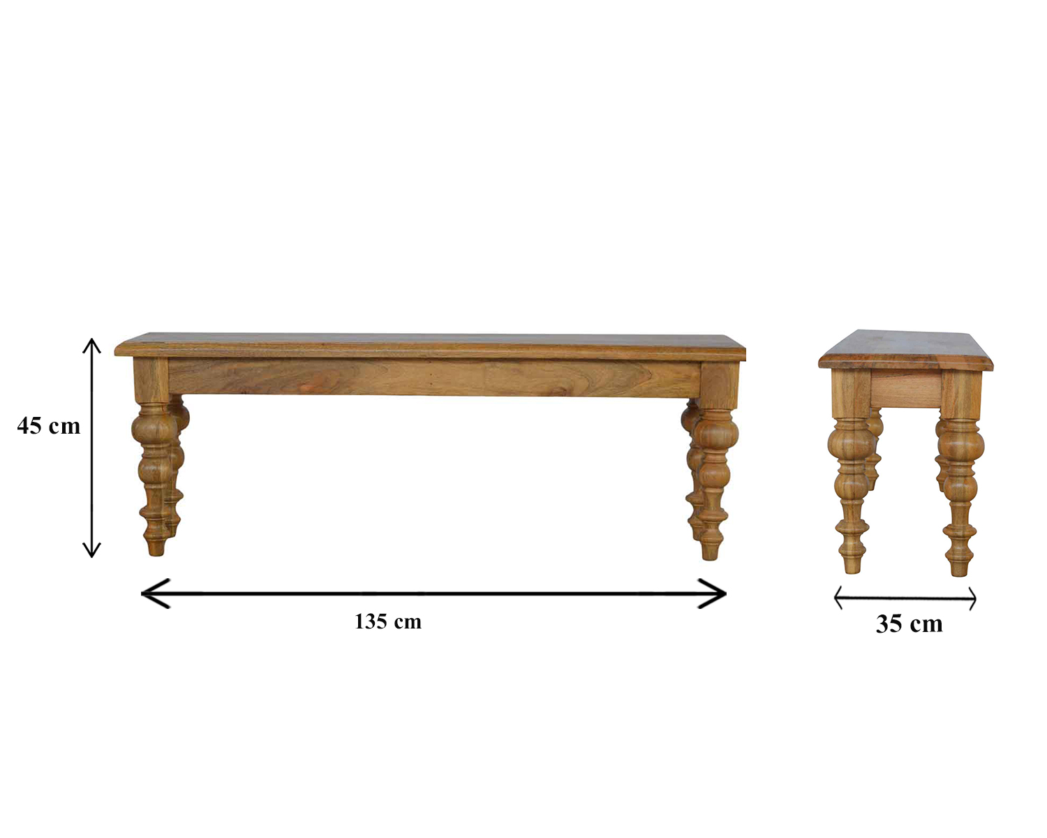Solid Mango Wood Oak Finished Bench with Turned Legs - Image 2