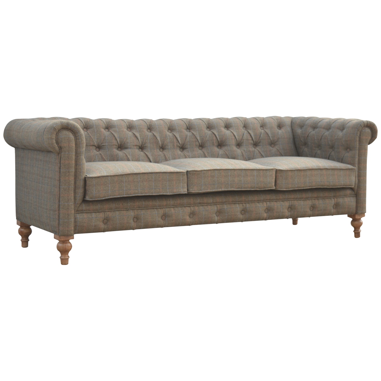 Solid Mango Wood Based Multi Tweed 3 Seater Chesterfield Sofa - Image 2