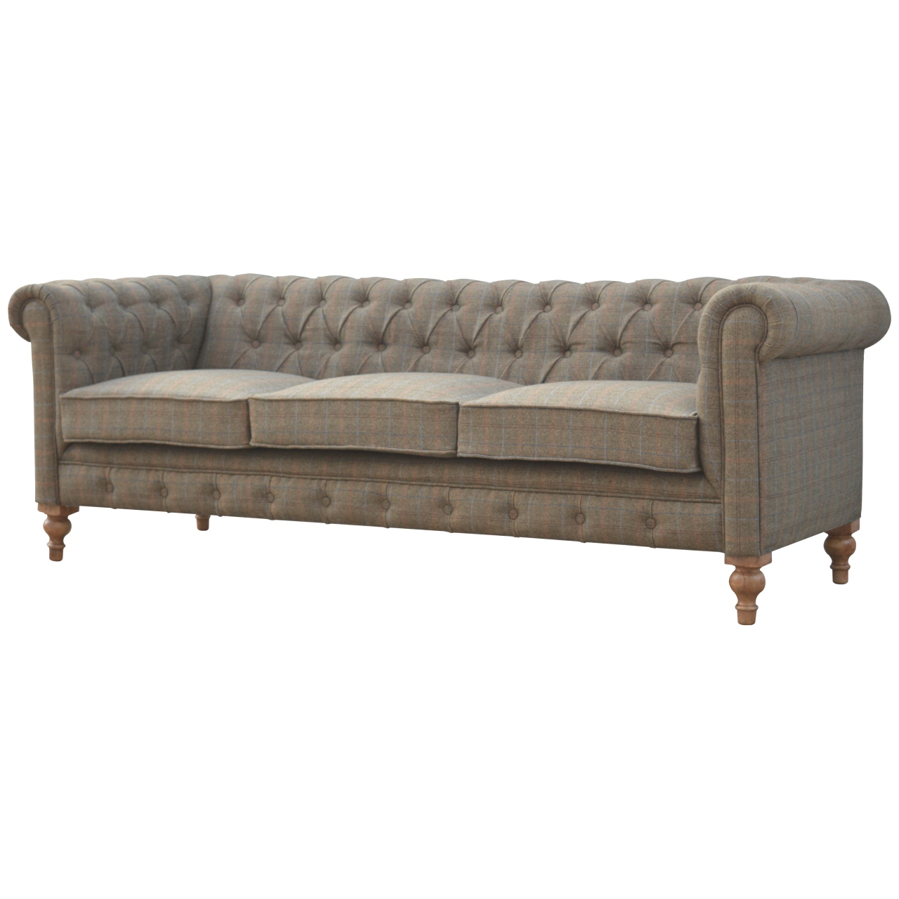 Solid Mango Wood Based Multi Tweed 3 Seater Chesterfield Sofa - Image 3