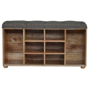 Solid Mango Wood Oak Finished Tweed Upholstered Open Storage Bench
