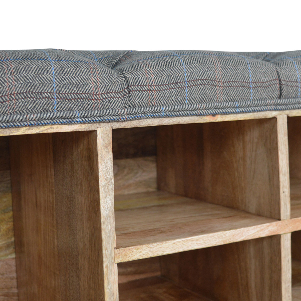 Solid Mango Wood Oak Finished Tweed Upholstered Open Storage Bench - Image 12