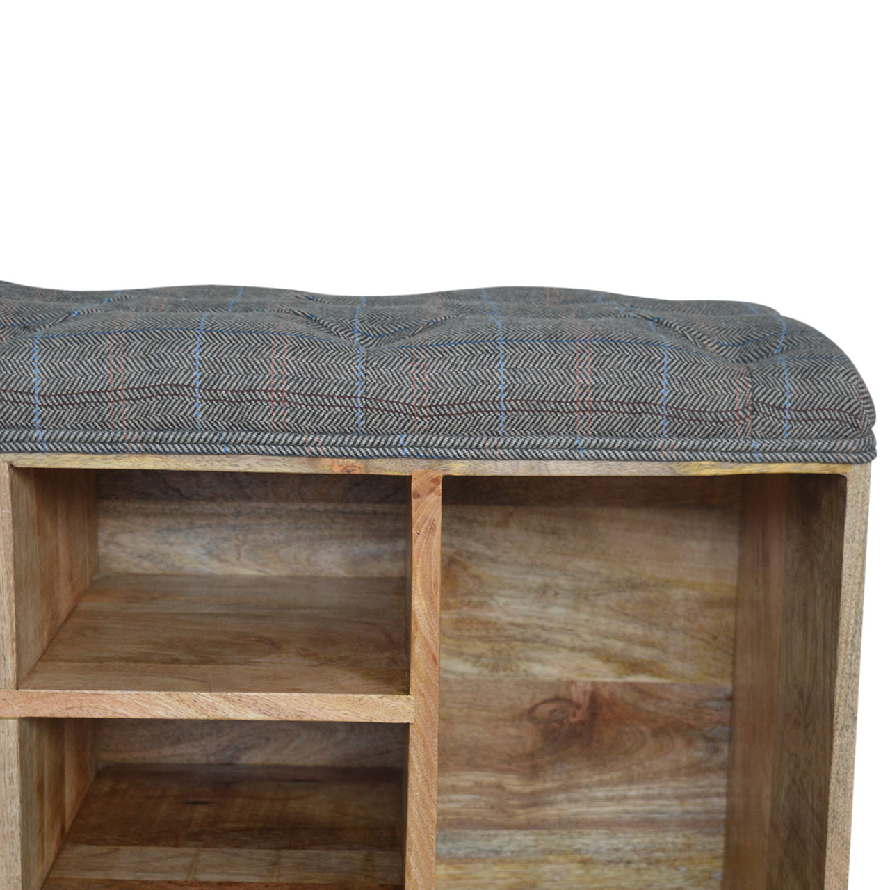 Solid Mango Wood Oak Finished Tweed Upholstered Open Storage Bench - Image 11