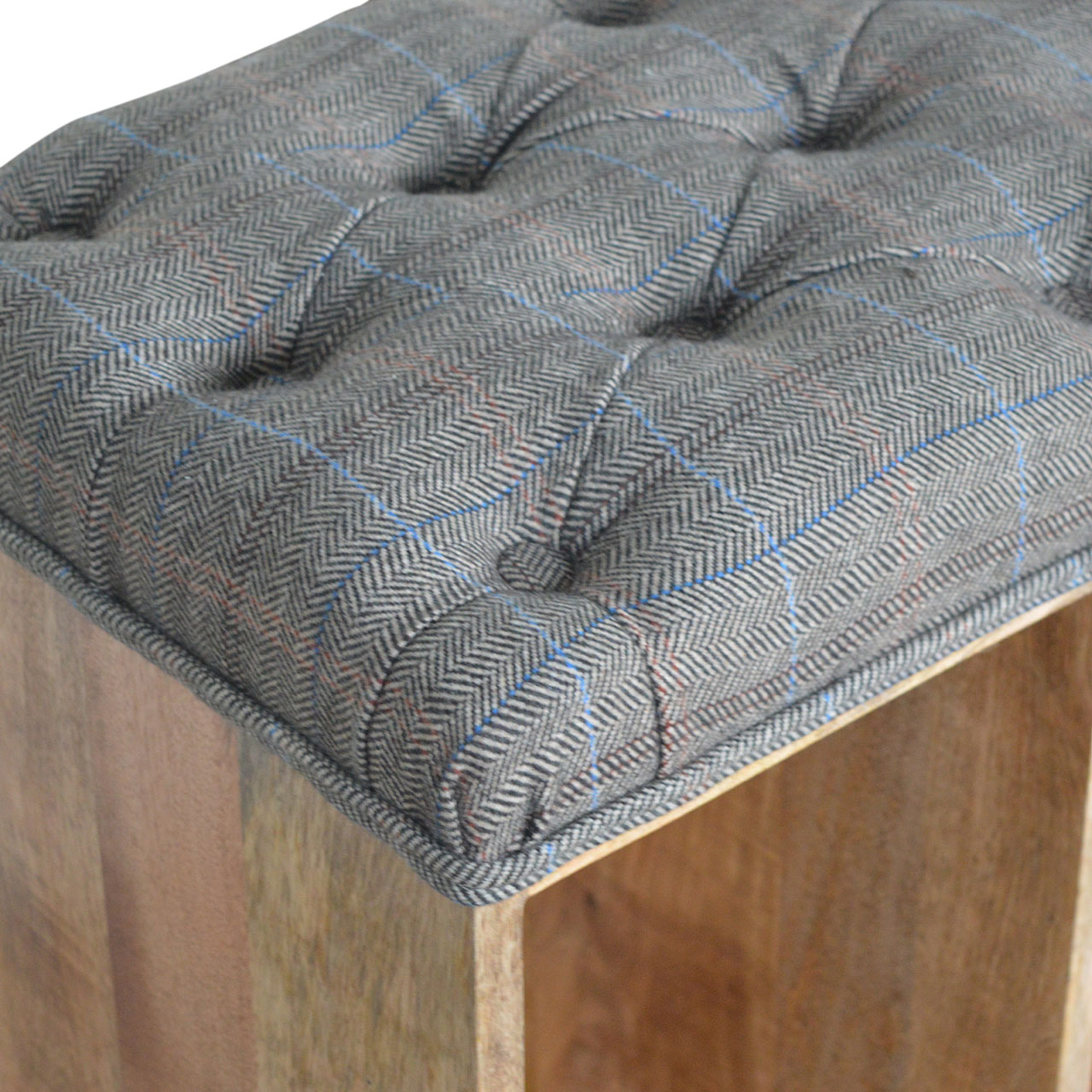 Solid Mango Wood Oak Finished Tweed Upholstered Open Storage Bench - Image 8