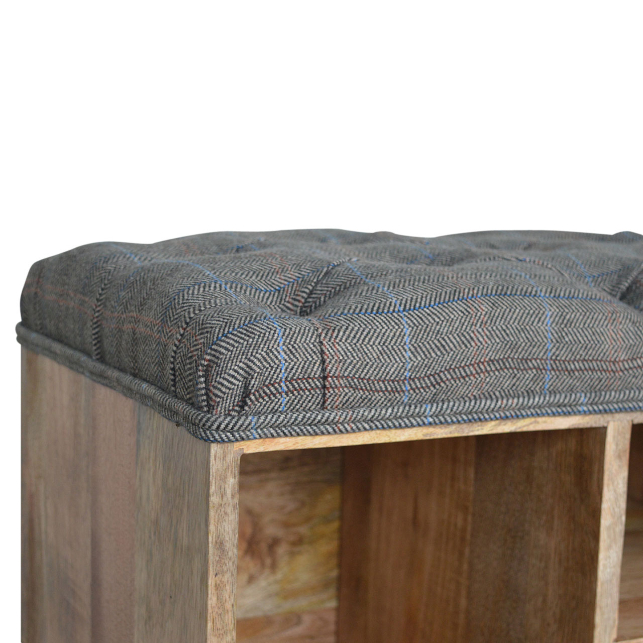Solid Mango Wood Oak Finished Tweed Upholstered Open Storage Bench - Image 7