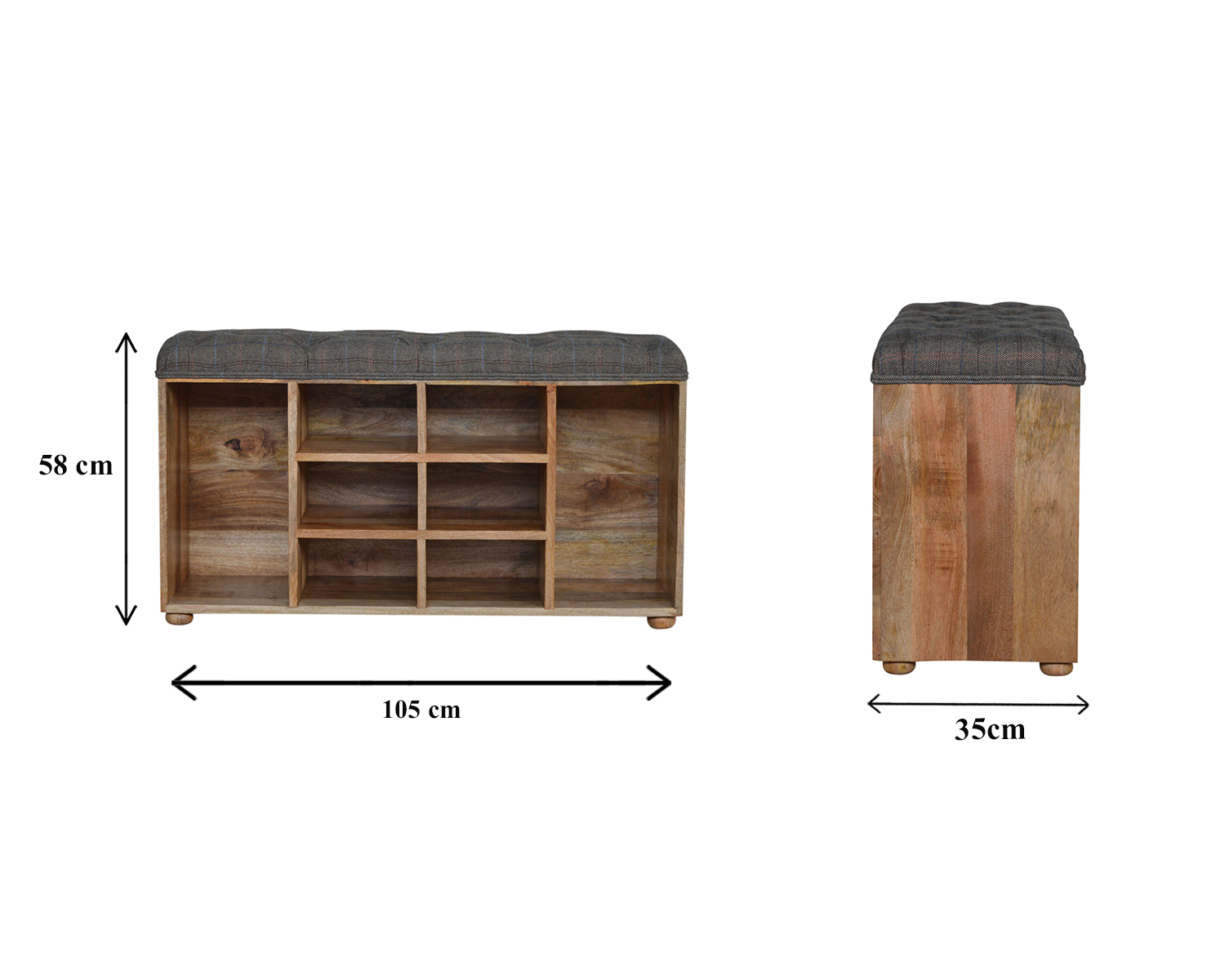 Solid Mango Wood Oak Finished Tweed Upholstered Open Storage Bench - Image 6