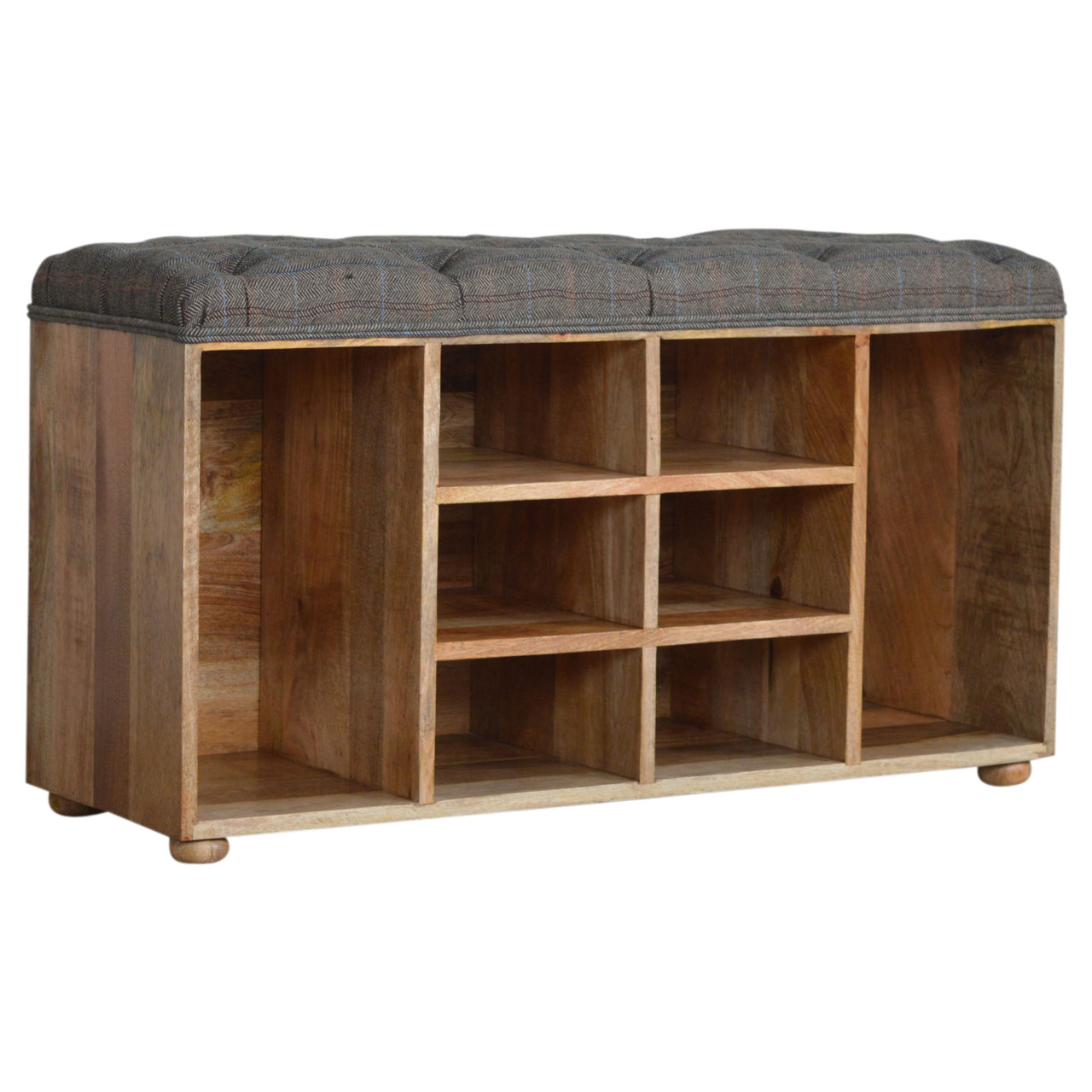 Solid Mango Wood Oak Finished Tweed Upholstered Open Storage Bench - Image 3