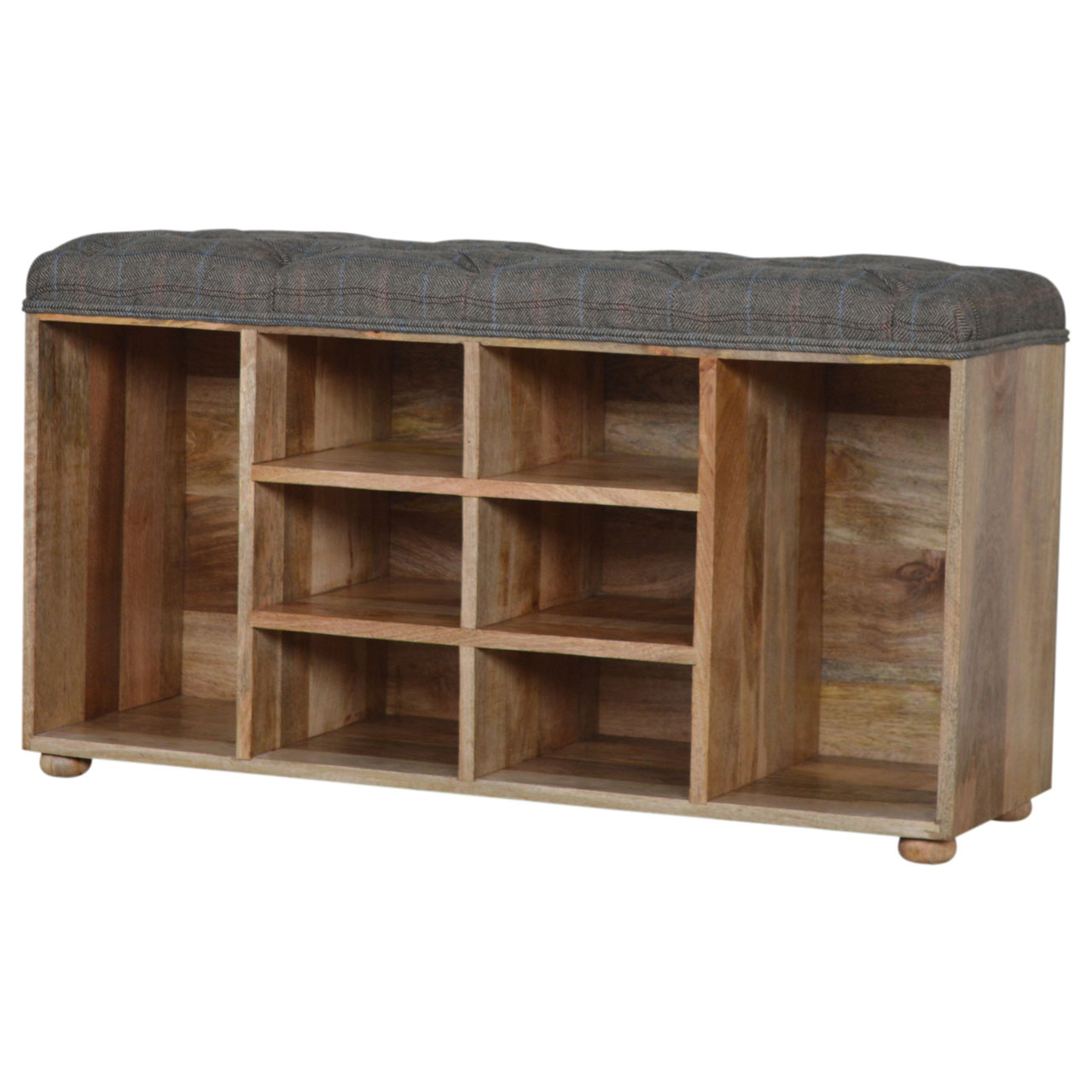 Solid Mango Wood Oak Finished Tweed Upholstered Open Storage Bench - Image 2