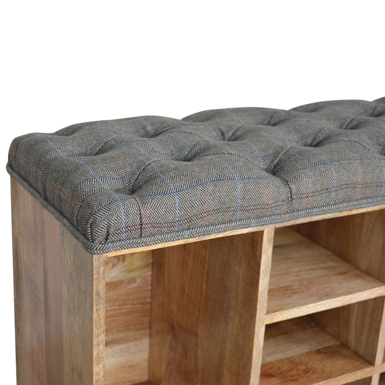 Solid Mango Wood Oak Finished Tweed Upholstered Open Storage Bench - Image 4
