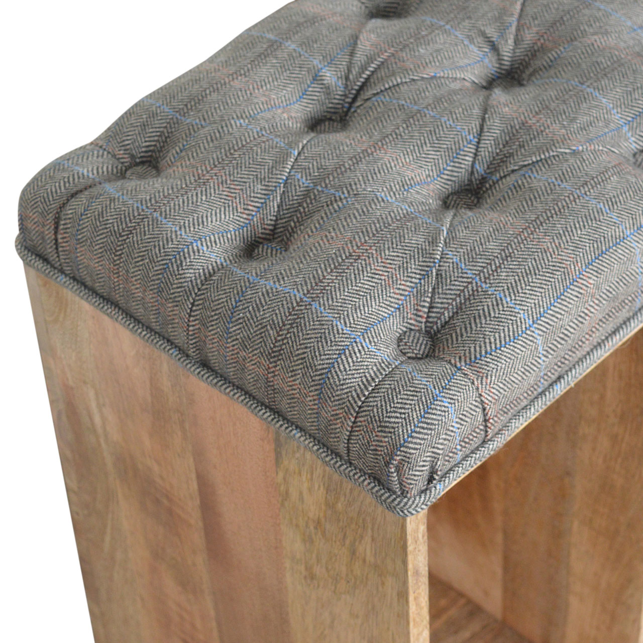 Solid Mango Wood Oak Finished Tweed Upholstered Open Storage Bench - Image 5