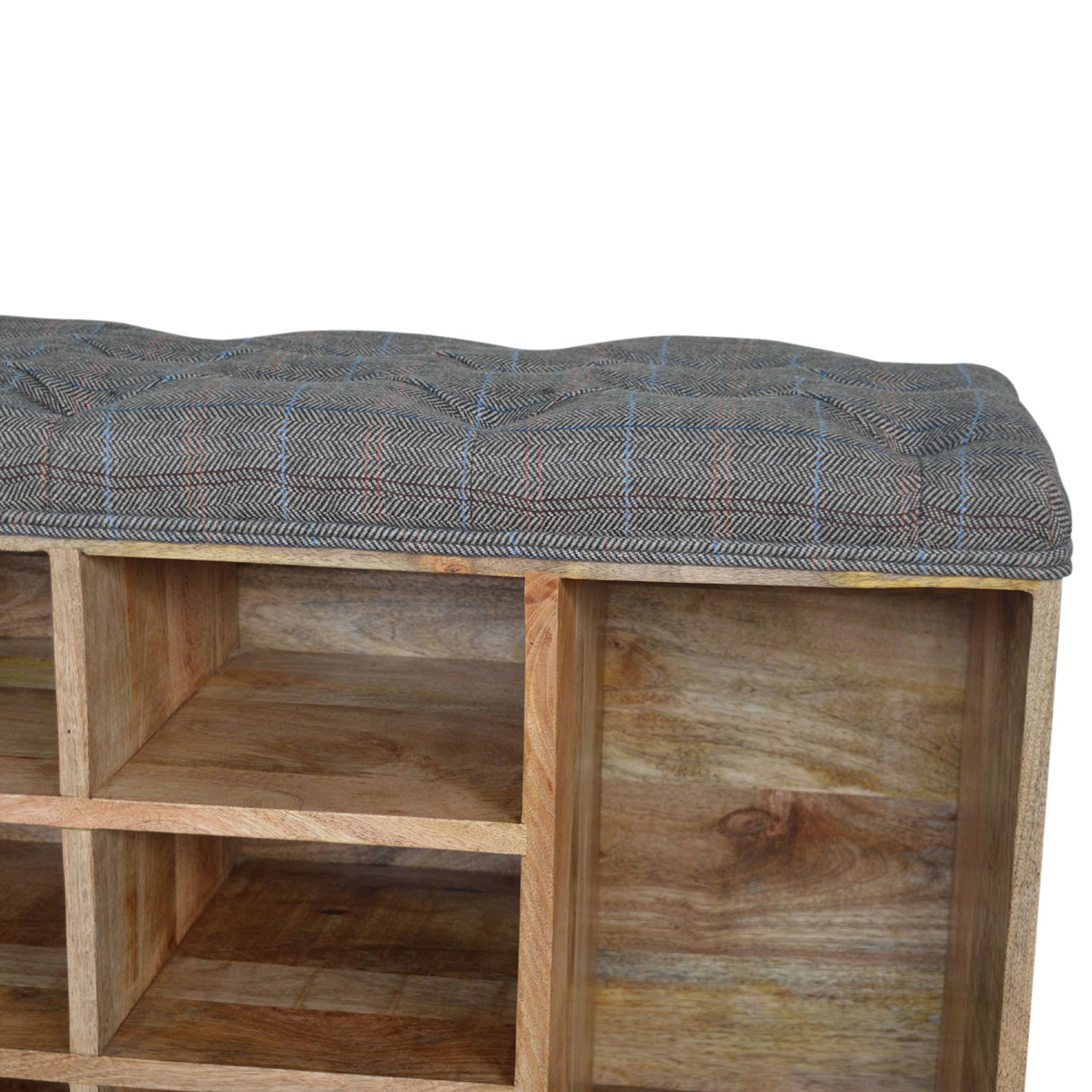Solid Mango Wood Oak Finished Tweed Upholstered Open Storage Bench - Image 15
