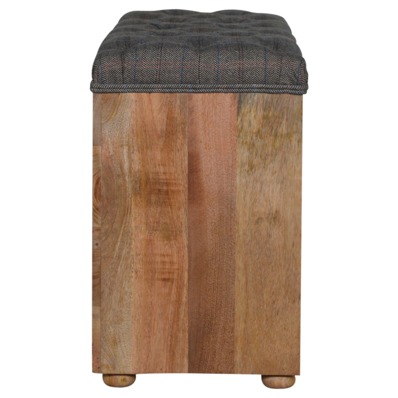 Solid Mango Wood Oak Finished Tweed Upholstered Open Storage Bench - Image 9