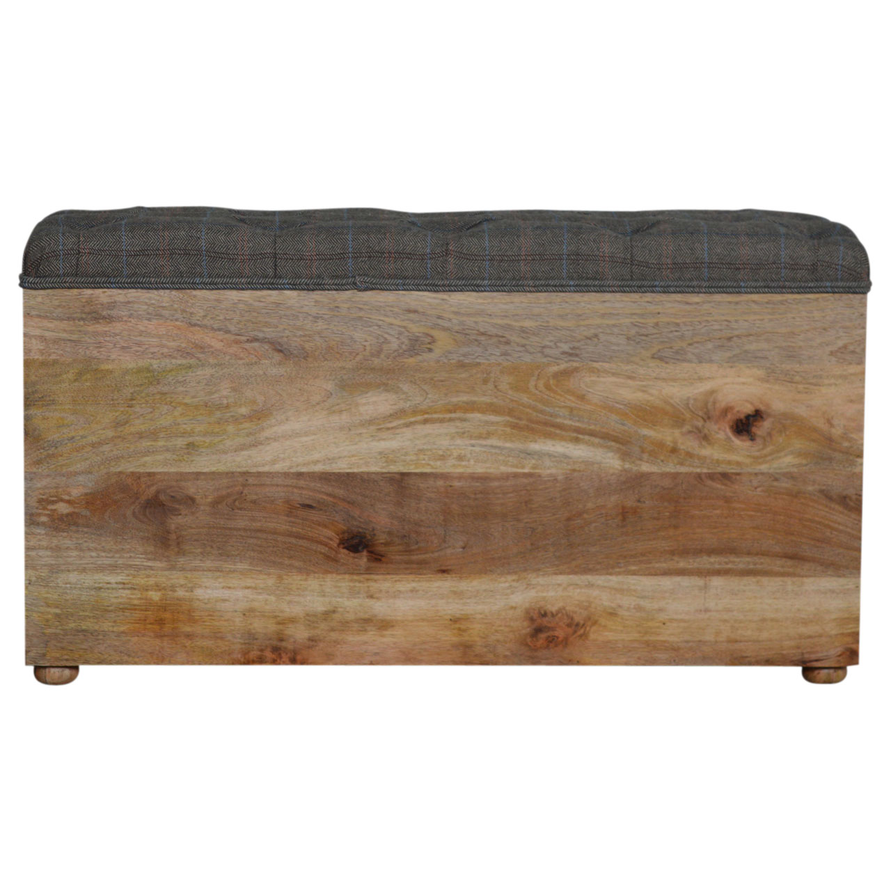 Solid Mango Wood Oak Finished Tweed Upholstered Open Storage Bench - Image 10