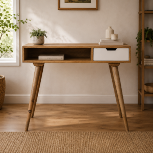 Solid Mango Wood Oak Finished Writing Desk with Hand Painted Drawer