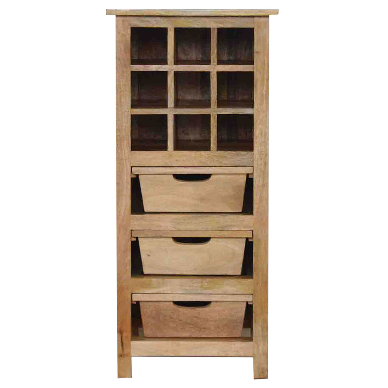 Solid Mango Wood Oak Finished 9 Bottle Wine Cabinet with 3 Drawer Storage