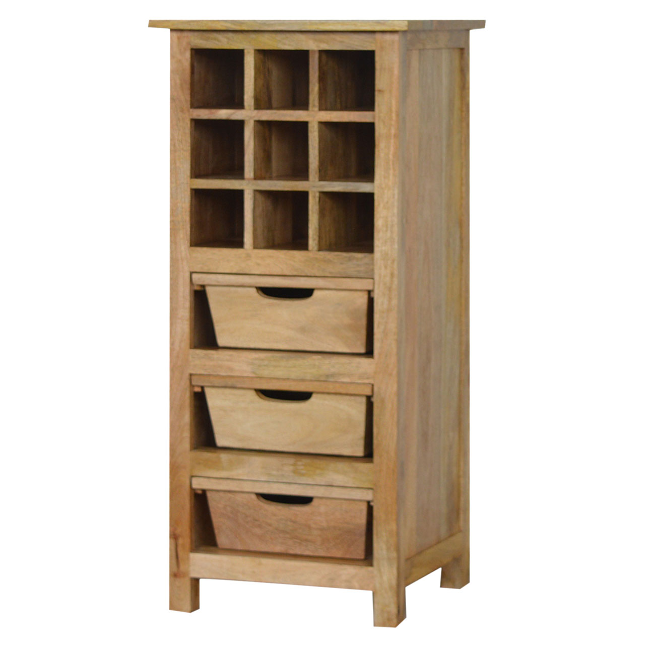 Solid Mango Wood Oak Finished 9 Bottle Wine Cabinet with 3 Drawer Storage - Image 5