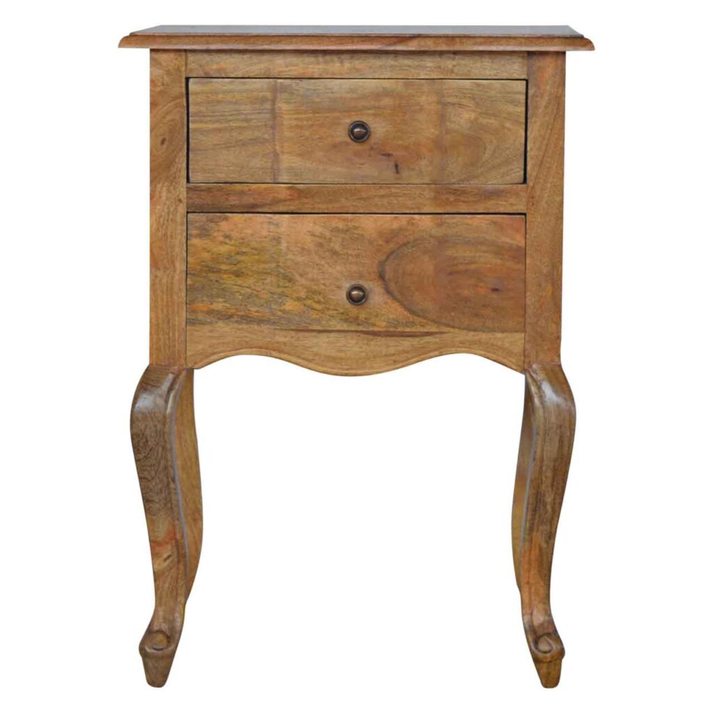 Solid Mango Wood Oak Finished 2 Drawer French Style Bedside with Cabriolet Style Legs