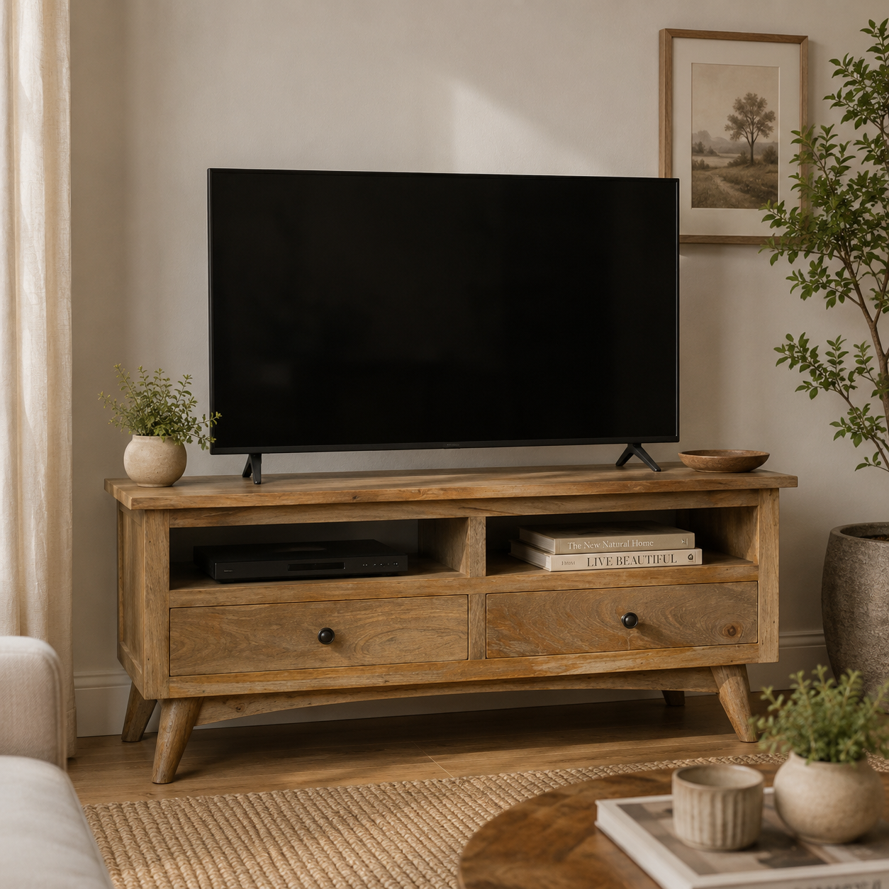 Solid Mango Wood Oak Finished 2 Drawer Media Unit