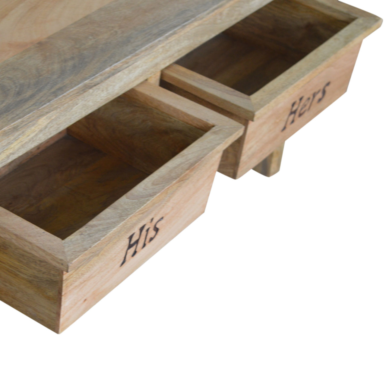 Solid Mango Wood Oak Finished His & Hers Carved Storage Bench - Image 9