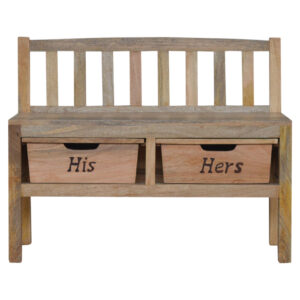 Solid Mango Wood Oak Finished His & Hers Carved Storage Bench