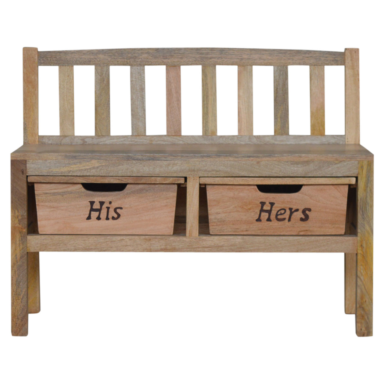 Solid Mango Wood Oak Finished His & Hers Carved Storage Bench