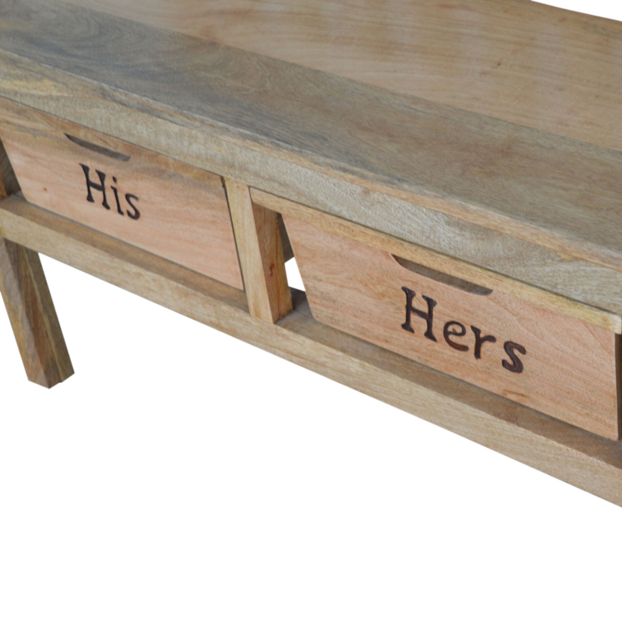 Solid Mango Wood Oak Finished His & Hers Carved Storage Bench - Image 13