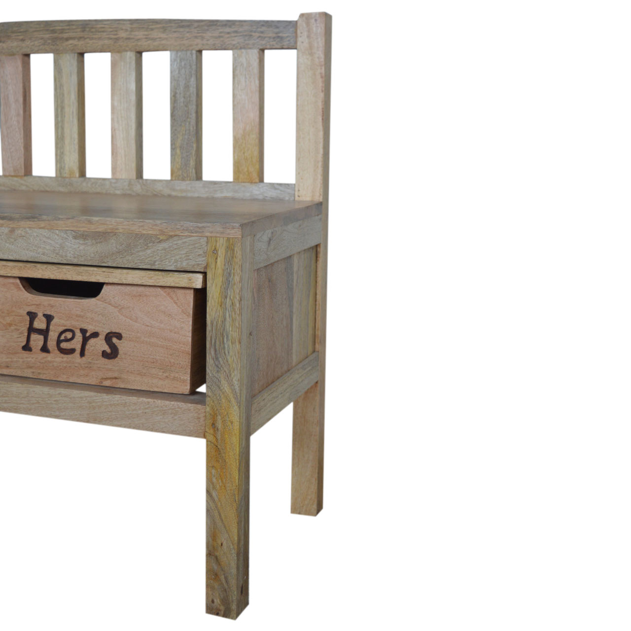 Solid Mango Wood Oak Finished His & Hers Carved Storage Bench - Image 12
