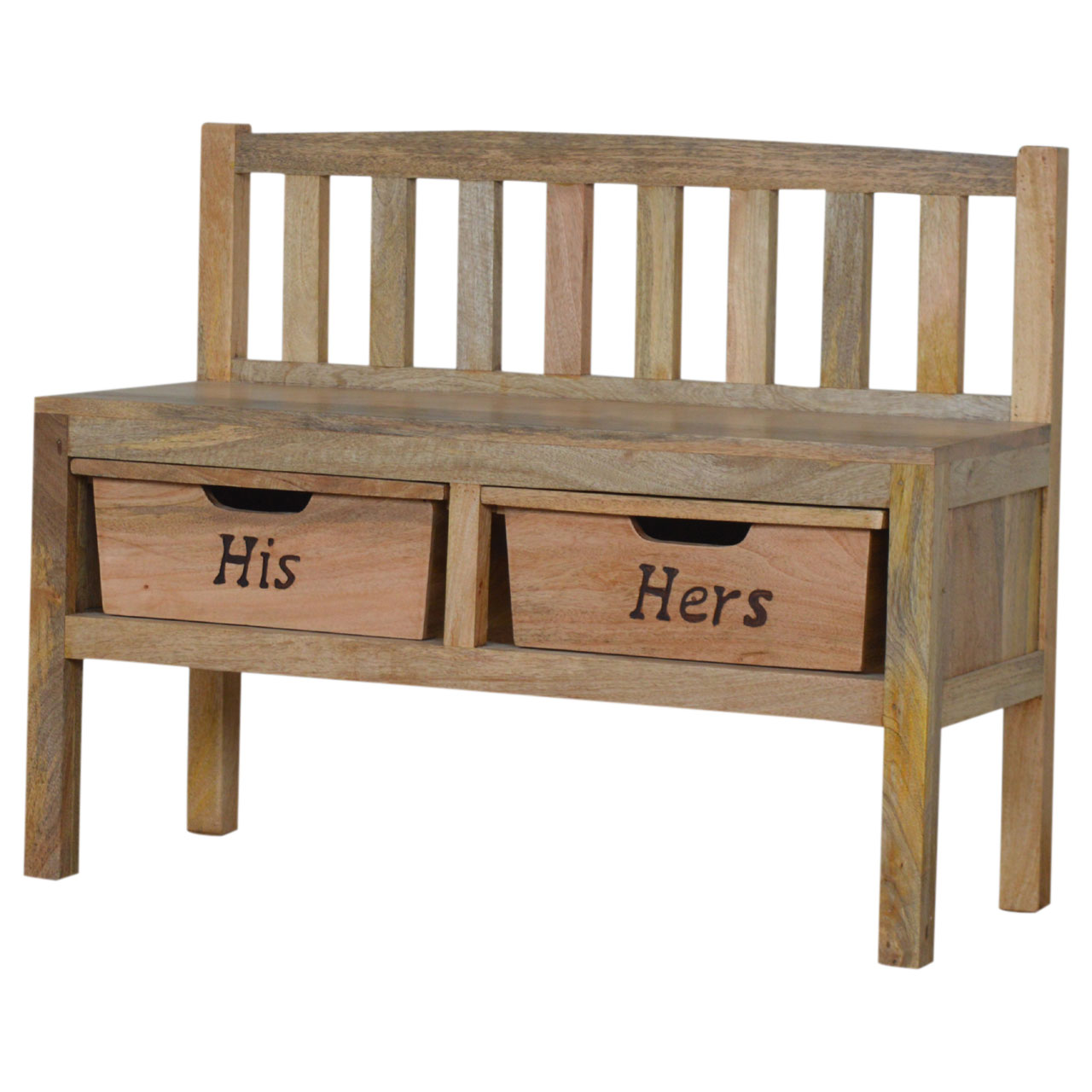 Solid Mango Wood Oak Finished His & Hers Carved Storage Bench - Image 3