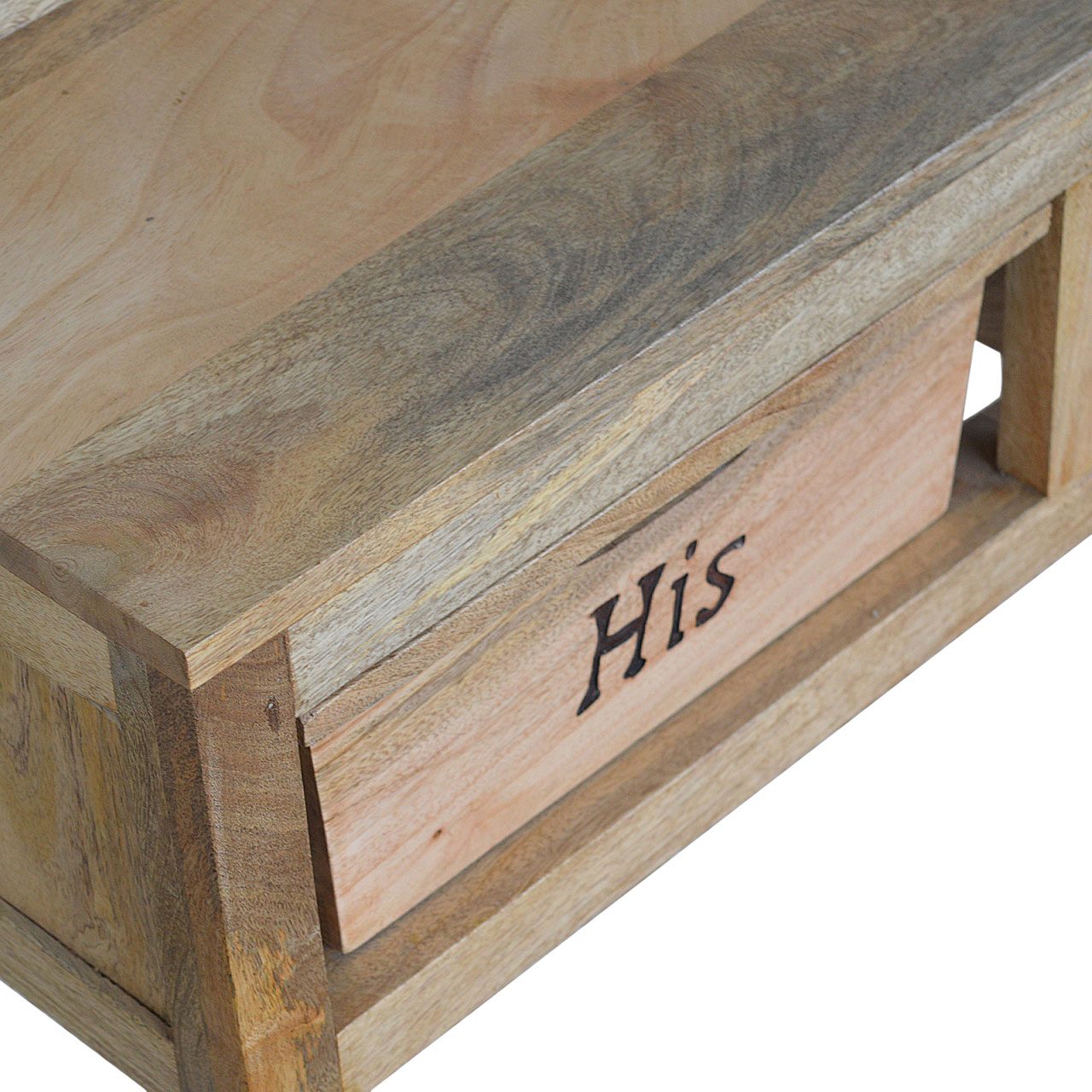 Solid Mango Wood Oak Finished His & Hers Carved Storage Bench - Image 5