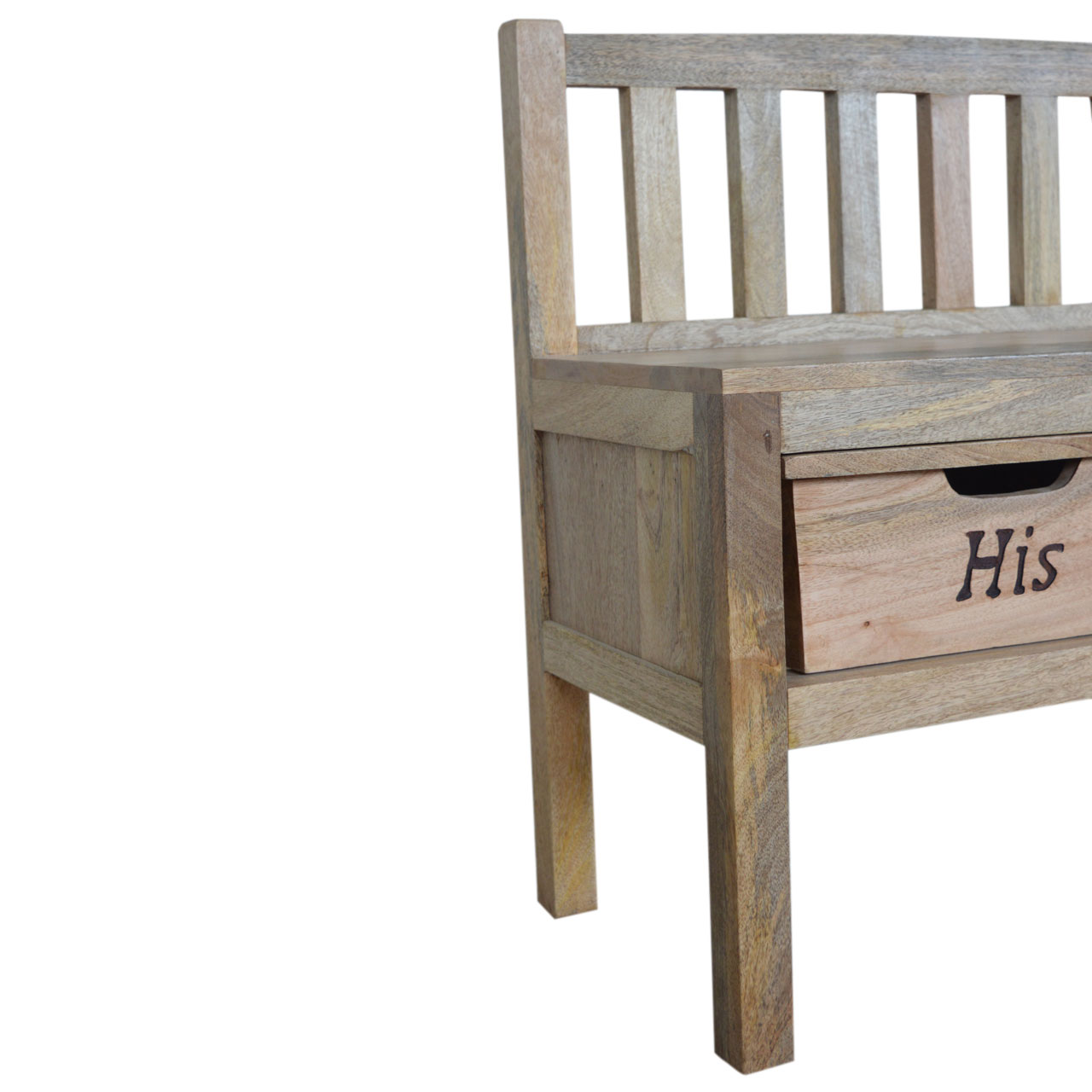 Solid Mango Wood Oak Finished His & Hers Carved Storage Bench - Image 6