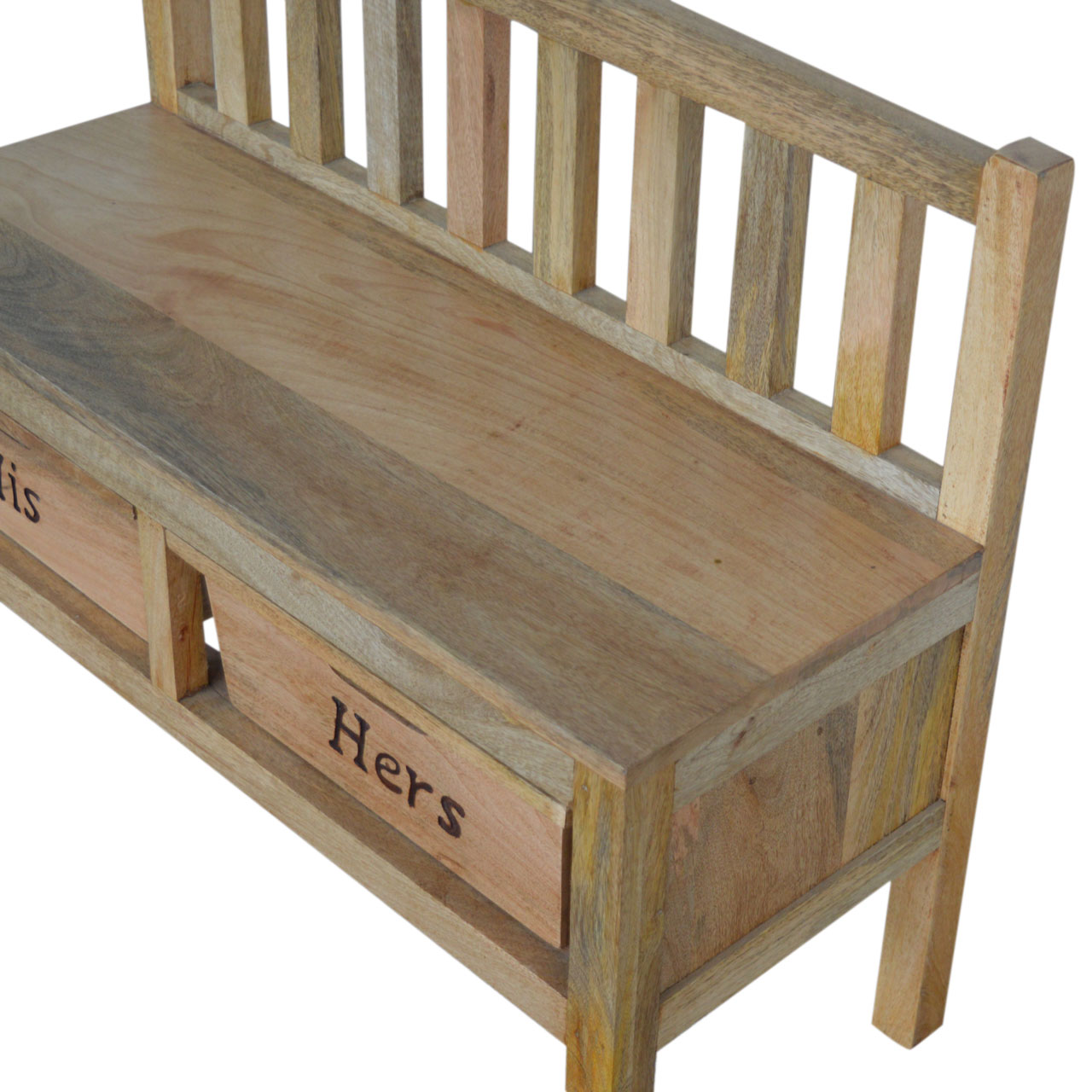 Solid Mango Wood Oak Finished His & Hers Carved Storage Bench - Image 7