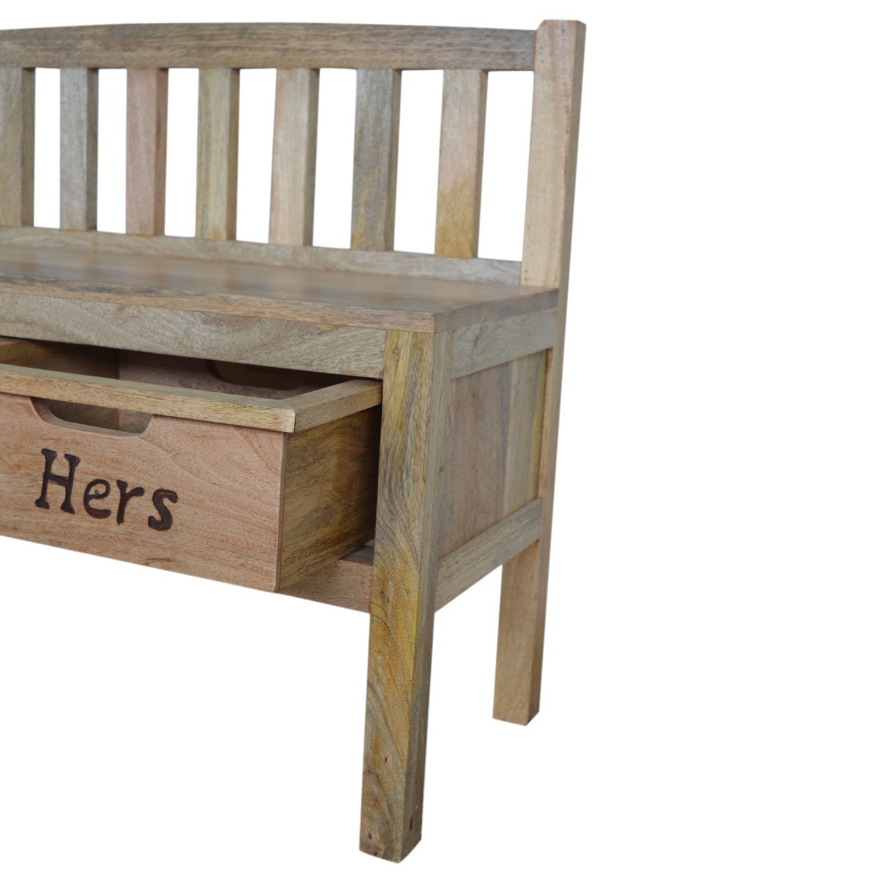 Solid Mango Wood Oak Finished His & Hers Carved Storage Bench - Image 10