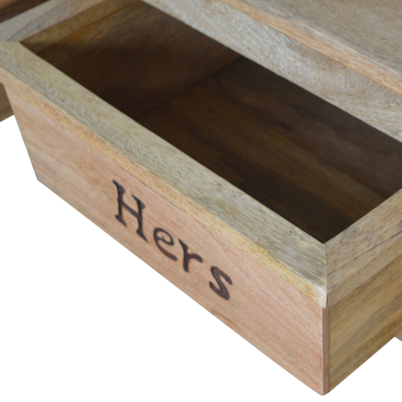 Solid Mango Wood Oak Finished His & Hers Carved Storage Bench - Image 15