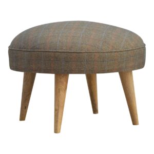 Solid Mango Wood Oak Finished Multi Tweed Upholstered Nordic Style Footstool