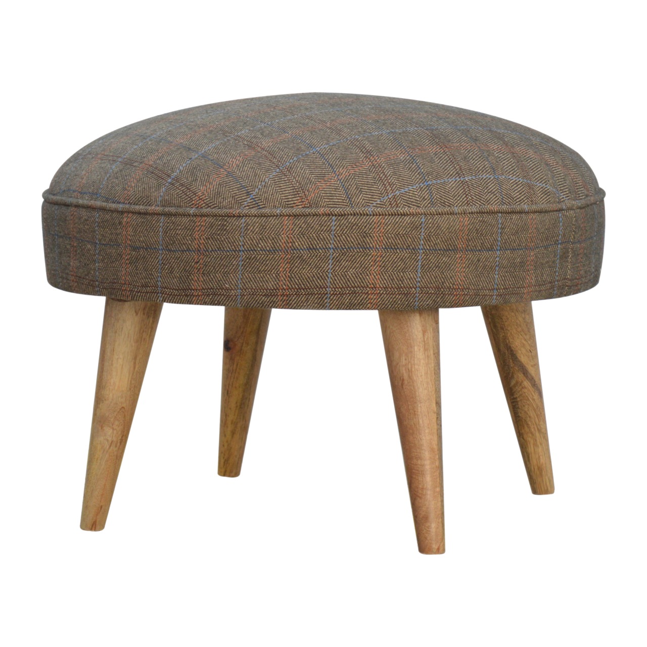 Solid Mango Wood Oak Finished Multi Tweed Upholstered Nordic Style Footstool - Image 8