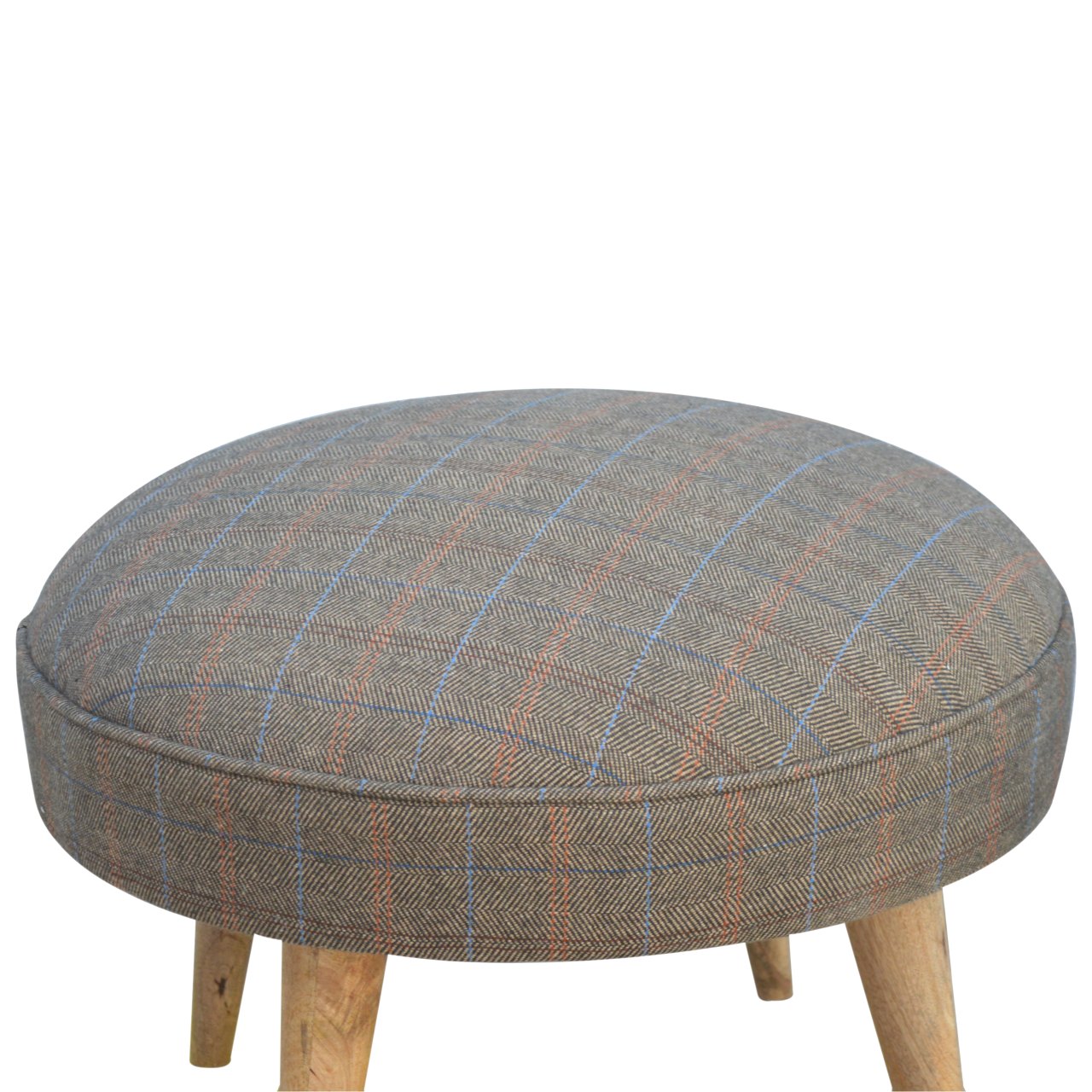 Solid Mango Wood Oak Finished Multi Tweed Upholstered Nordic Style Footstool - Image 2