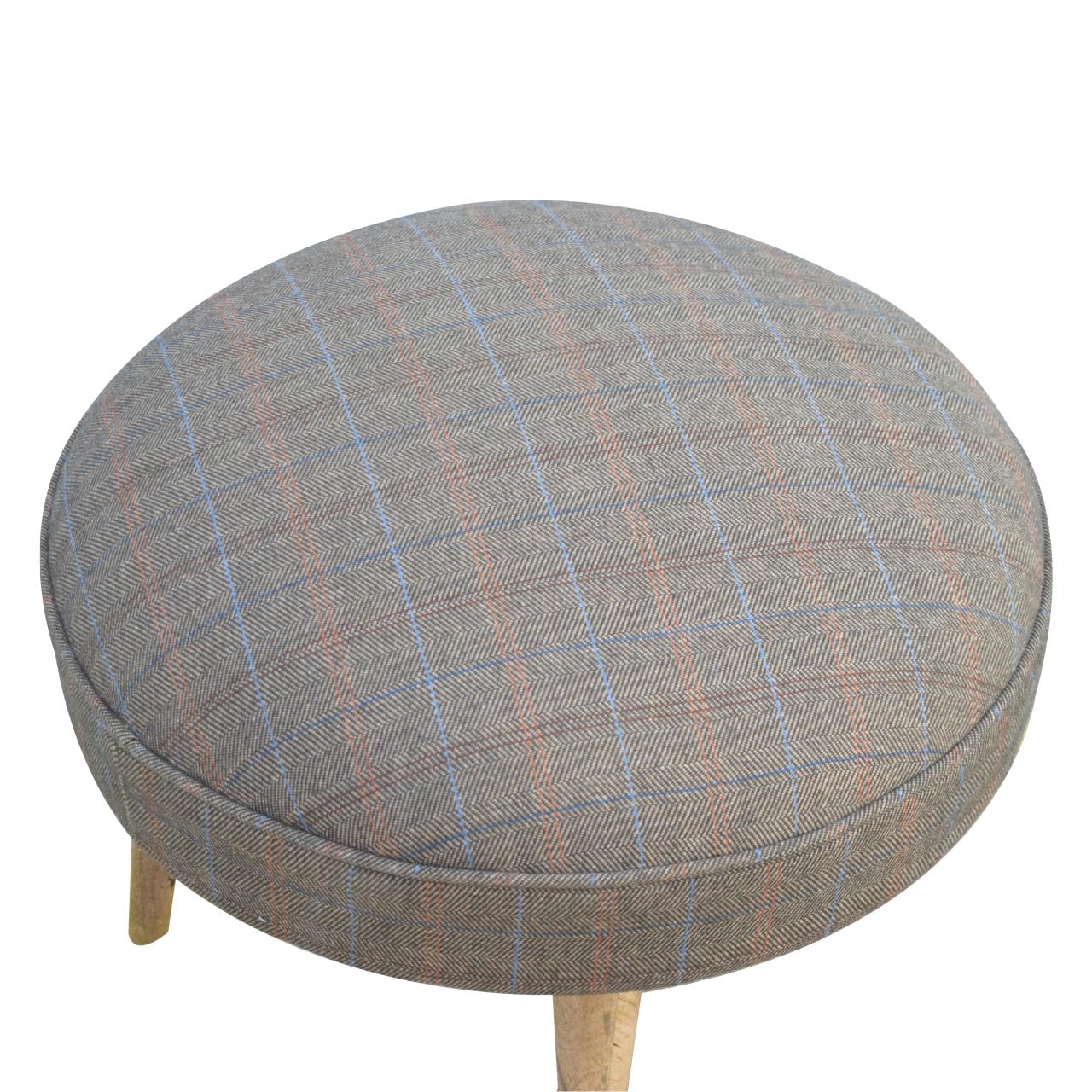 Solid Mango Wood Oak Finished Multi Tweed Upholstered Nordic Style Footstool - Image 3