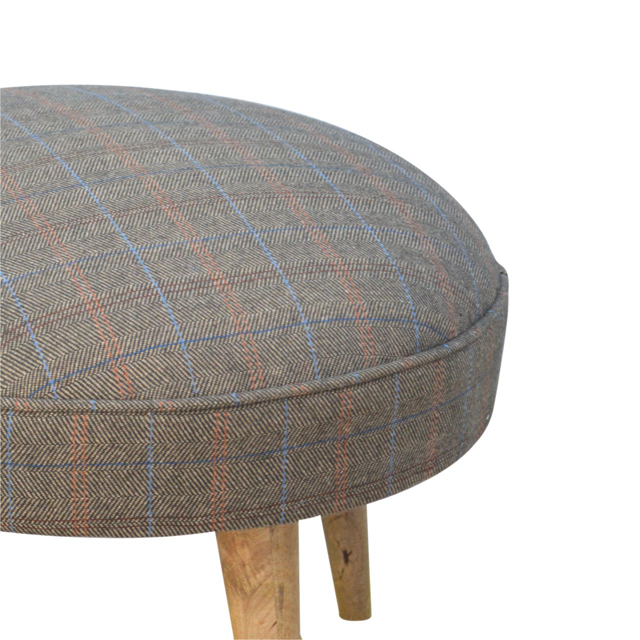 Solid Mango Wood Oak Finished Multi Tweed Upholstered Nordic Style Footstool - Image 6