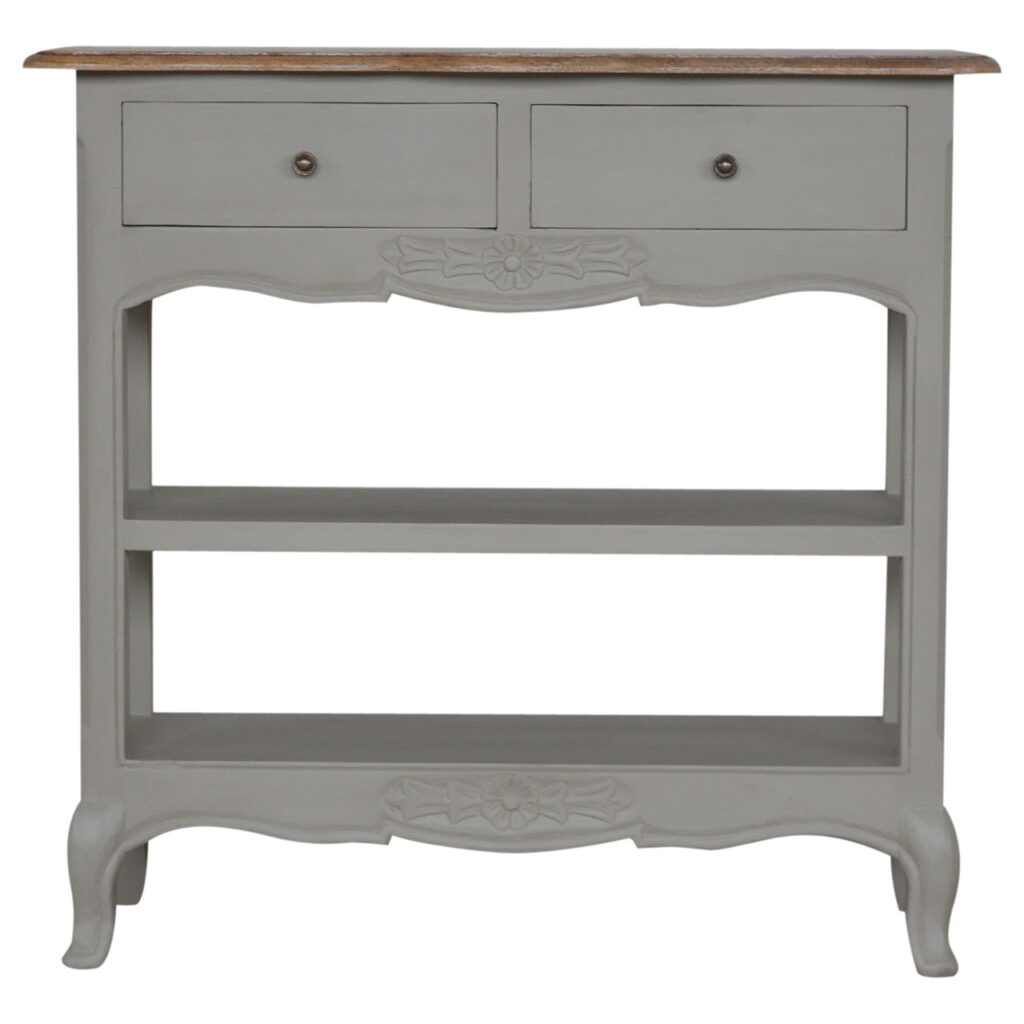 Solid Mango Wood Oak & Hand Painted Grey 2 Drawer French Style Console Table