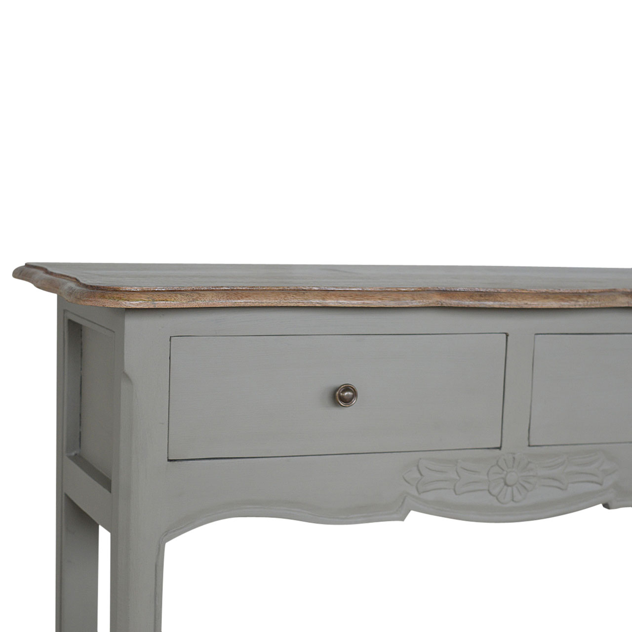 Solid Mango Wood Oak & Hand Painted Grey 2 Drawer French Style Console Table - Image 11